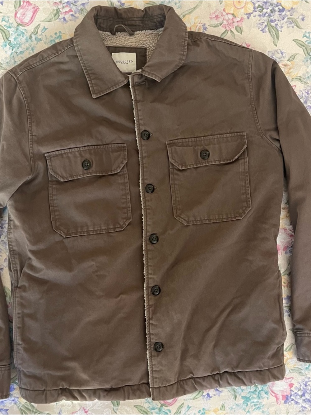 Selected Homme Mens L Sherpa Lined Canvas Jacket Brown Utility Chore Shacket - Picture 3 of 11
